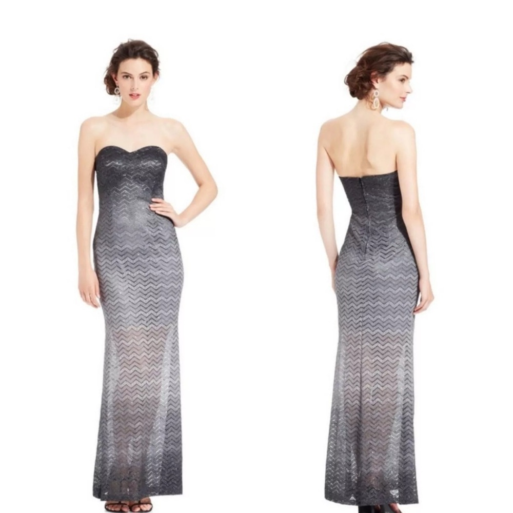 Betsy & Adam Strapless Gray Ombre Glitter Chevron Gown Dress Size 8-fits like 6